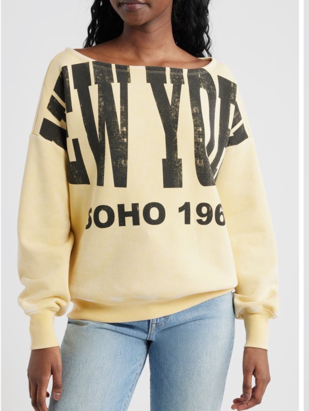 NWT*VINYL ICONS NEW YORK SOHO 1960 Yellow Graphic Off shoulder Sweatshirt